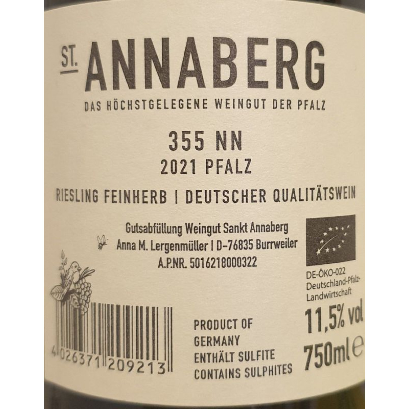 St. Annaberg Riesling Feinherb 355NN QBA BIO 2021 0,75l