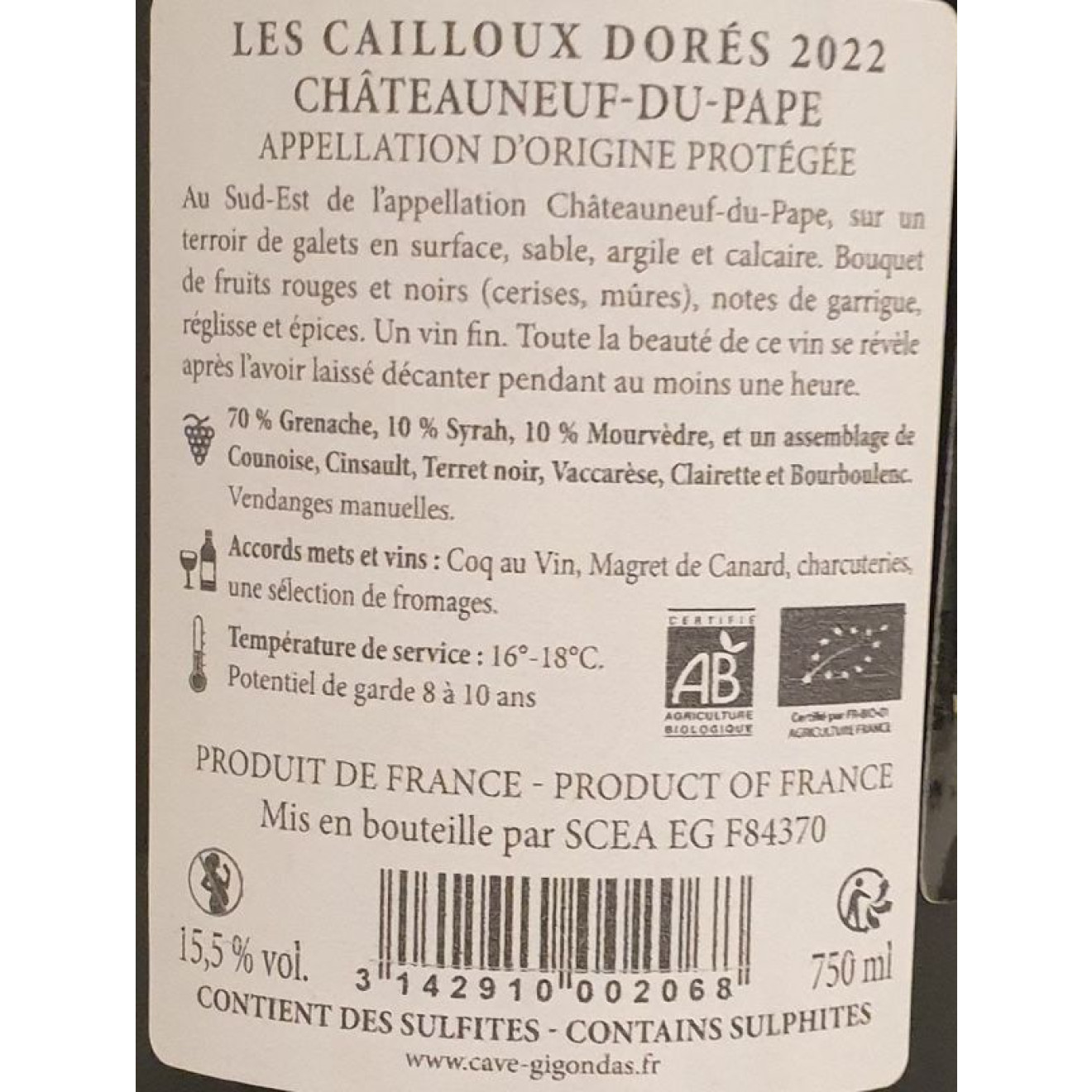 Chateauneuf du Pape Cailloux Dores BIO rouge 0,75l 2022