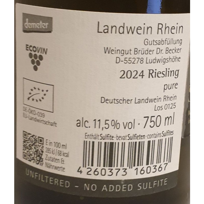 Riesling -Pure- trocken Naturwein Deutscher Landwein Rhein trocken Bio 0,75l