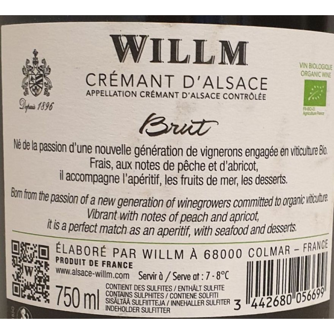 Willm Cremant D`Alsace Brut Bio Methode Traditionelle 0,75l