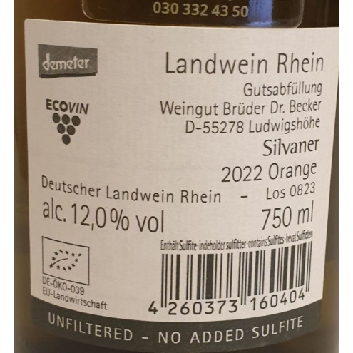 Silvaner trocken Orange trocken Deutscher Landwein Rhein trocken Bio 0,75l